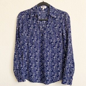 Express Women's Dark Blue Key Print Portofino Long Sleeve Button-Up Shirt